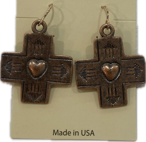Aged Copper Cross With Heart Earring