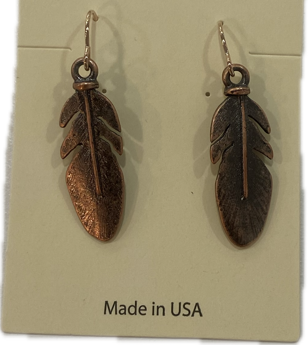 Aged Copper Feather Earring