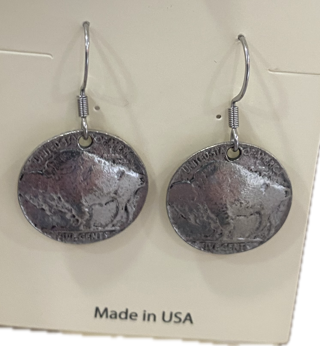 Silver Dangle Buffalo Nickle Earrings