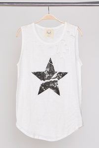 Sleeveless Distressed Star-White