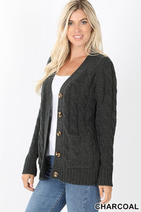 Cable Knit Cardigan-Charcoal