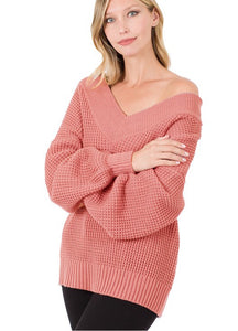 BALLOON SLEEVE WIDE DOUBLE V-NECK WAFFLE SWEATER