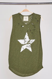 Sleeveless Distressed Star-Olive