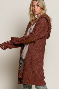 Cable knit hooded sweater open cardigan