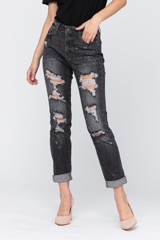 Judy Blue Boyfriend Black Bleach Spatter/distressed